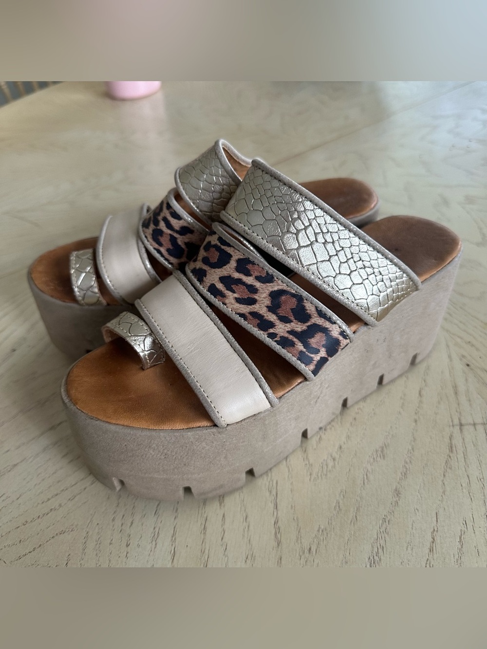 RARE Leather Gold Platform European Sandals Handmade 2000s Cheetah Size 7